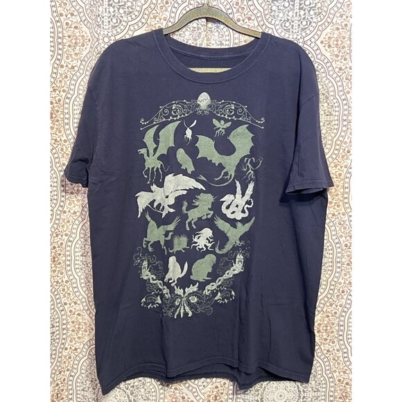 Mens Harry Potter Navy Blue Mythical Creatures Graphic T-Shirt XL Cotton Short S - Picture 1 of 8